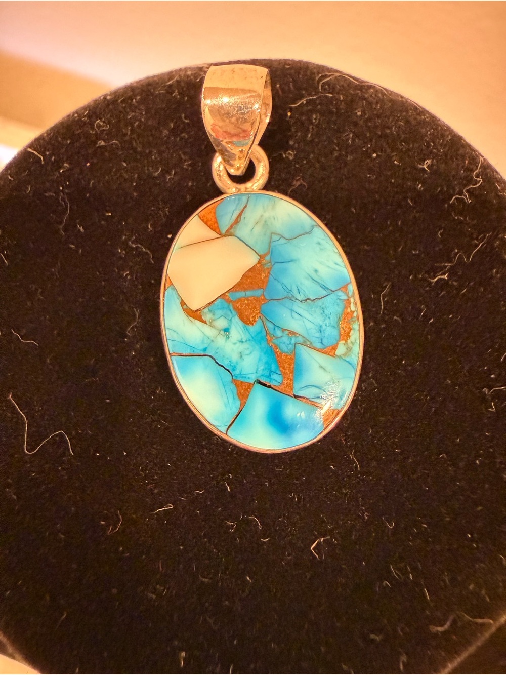 Turquoise Inlay Oval Pendant Necklace - Blue and Gold
